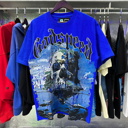 Godspeed T-shirts Skull Landscape Printing Cotton Casual Short Sleeves Men and Women