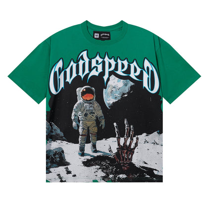 Godspeed T-shirts Astronaut Moon Landing Print Cotton Casual Short Sleeve Men and Women